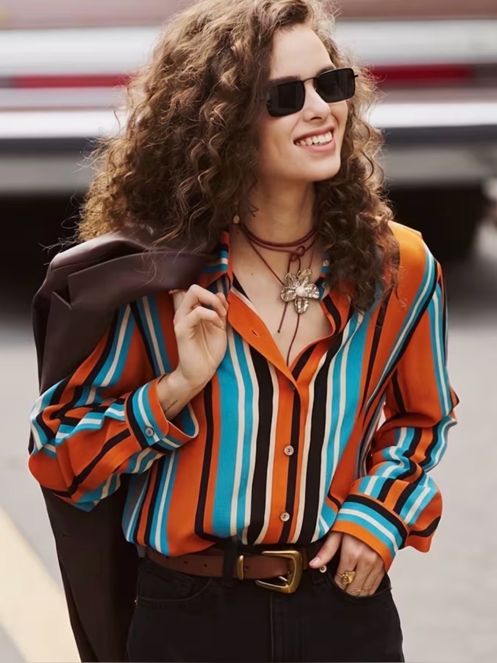 Striped Button-Down Shirt - Orange & Teal